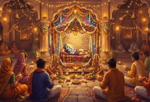 कृष्ण जन्माष्टमी पर सजे मंदिर में श्रद्धालु और झूला में बाल कृष्ण की प्रतिमा