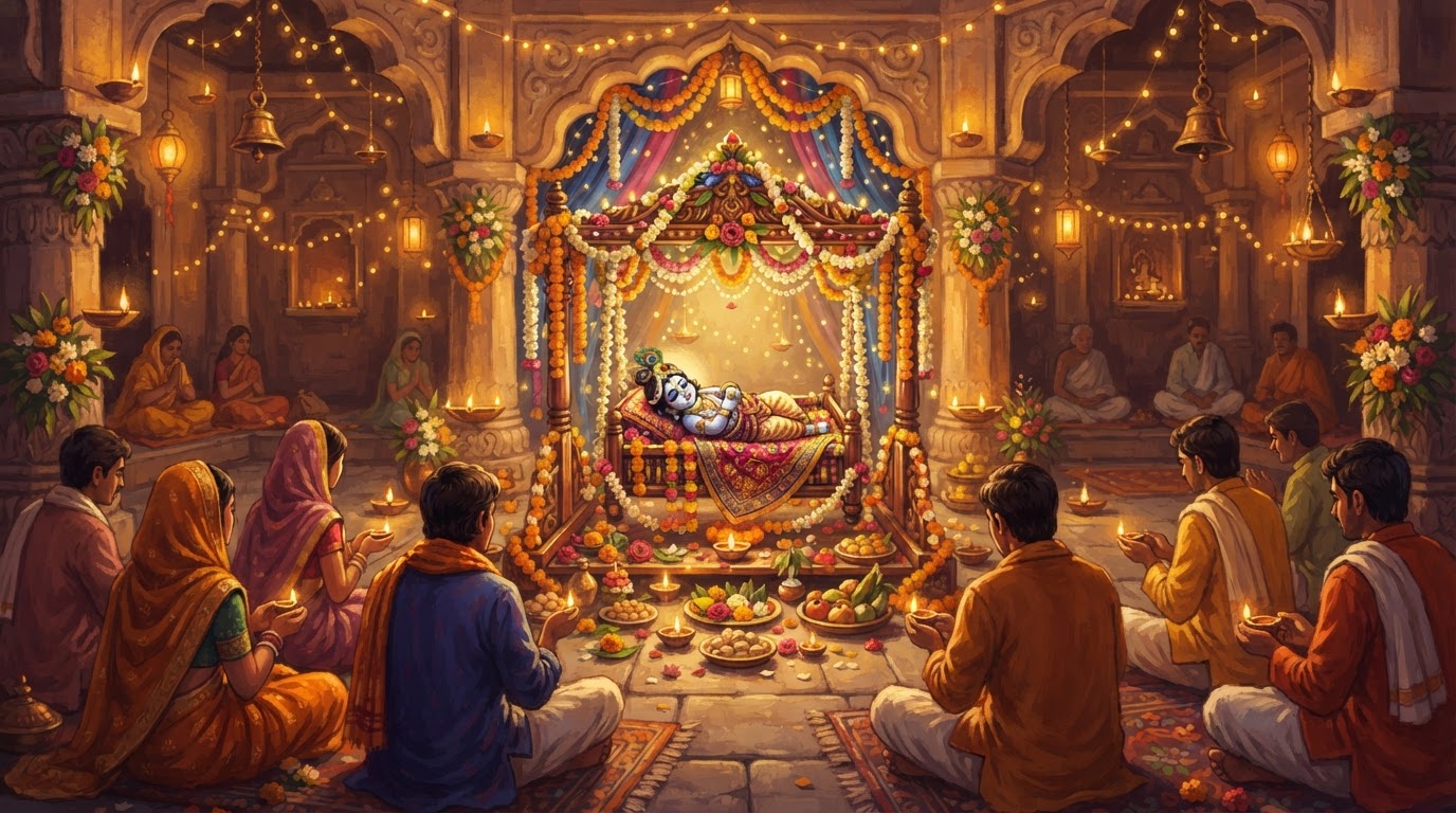 कृष्ण जन्माष्टमी पर सजे मंदिर में श्रद्धालु और झूला में बाल कृष्ण की प्रतिमा